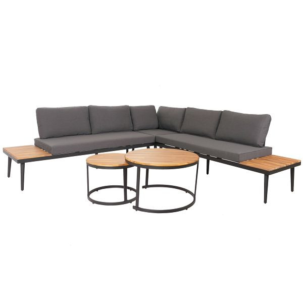 Mendler Garten-Garnitur HWC-H54c, Lounge-Set, Beistelltisch Spun Poly Akazie Holz Stahl, braun, Kissen dunkelgrau, 106220+106221