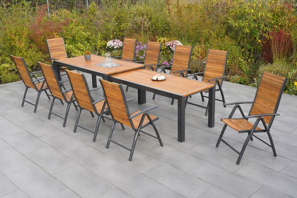 Merxx Santorin Set 11-teilig, 10 Klappsessel, 1 Flex Ausziehtisch 180/180 x 100/83 x 80/74 cm, Aluminium mit FSC Akazienholz, 50670-209