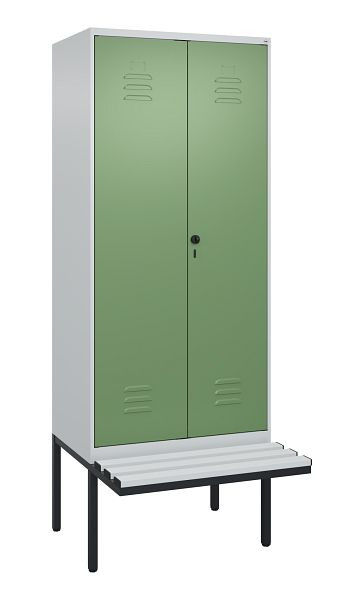 C+P Umkleidespind Classic PLUS, Doppel-Spind, 2 Abteile, 2120x800x815mm, 7035/6011, Drehriegel, Untergestell & Sitzfläche, 0800427-22P S10036