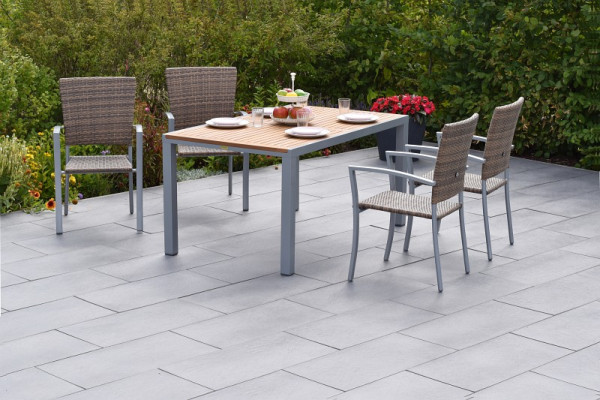 Merxx Savona Set 5-teilig, 4 Stapelsessel, 1 Tisch 150 x 90 cm, Akazientischplatte vertikal gestreift, Silber/naturgrau, 50890-228