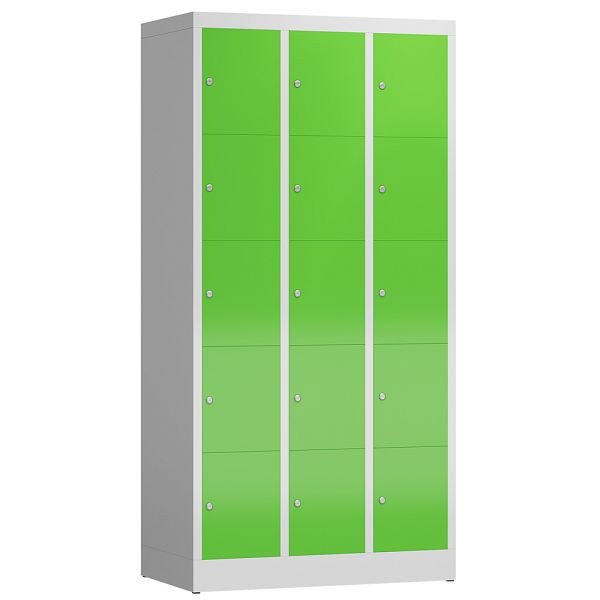 Lüllmann ClassiX Schließfachschrank, 3 Abteile à 5 Fächer, 1800 x 870 x 500 mm, lichtgrau/gelbgrün, X-520535