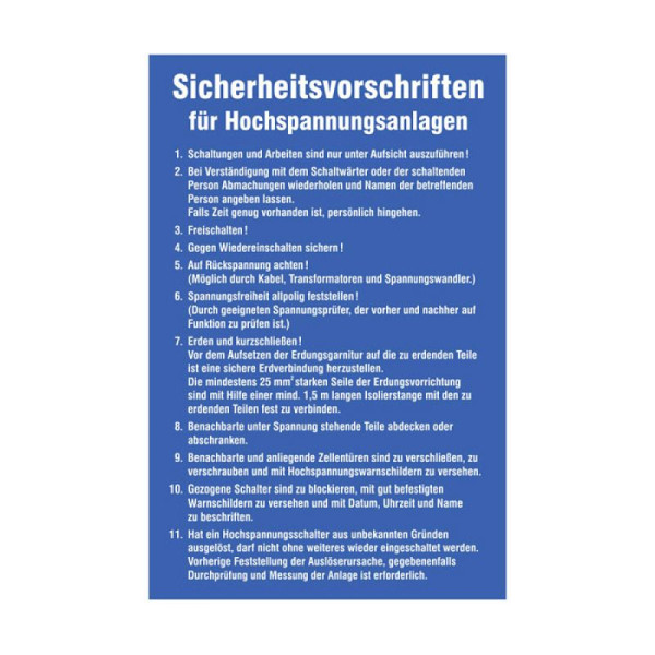 Stein HGS Sicherheitsaushang, Sicherheitsvorschriften für Hochspannungsanlagen, 43.2954