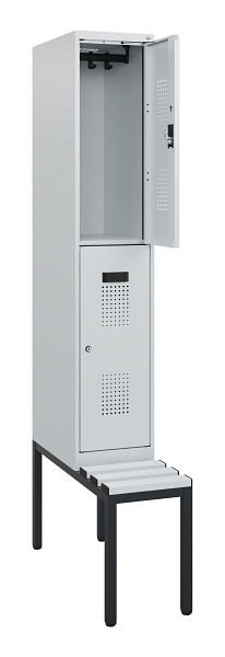 C+P Doppelstöckiger Spind Evolo PLUS, Bank, 2 Fächer, 1950x300x815mm, 7035/7035, Zylinderschloss, Sitzfläche Kunststoff, Sitzbank, 0493505-10 S10148