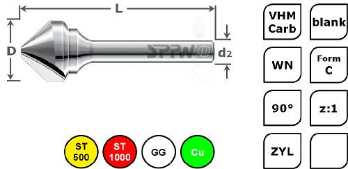 SPPW Kegelsenker VHM 90° z:1 Form C L: 53 Ø10,4, 6501001040