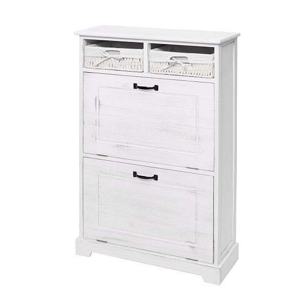 Mendler Schuhkipper HWC-H19, Schuhschrank Schuhregal Schuhablage, Massiv-Holz Shabby-Look Korb-Schublade 100x60x24cm, weiß, 72671
