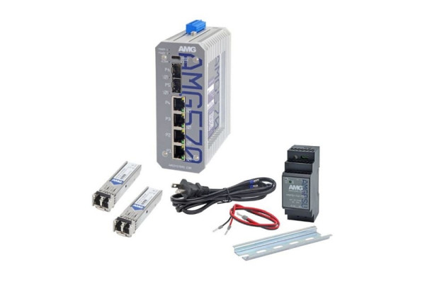AMG Systems Industrieller 6 Port Managed Switch Kit, 4 x 10/100/1000BT RJ45, 2 x 100/1000/2,5GFX SFP Slots, 2 x 1Gb Multimode SFP Modules, AMG570-4G-2S-KM1
