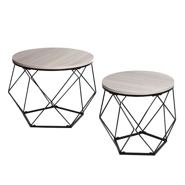 Mendler Couchtisch-Set HWC-L37, Kaffeetisch Beistelltisch Loungetisch, Metall Holz, Eiche-grau-Optik, 98466