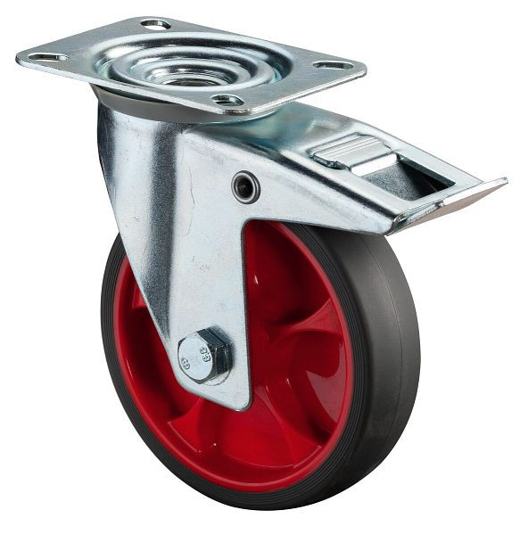 BS Rollen Transportrolle Lenkrolle mit Festeller, thermoplastisches Gummirad, Reifen grau, Rollenlager, Platte: 125 mm, VE: 2 Stück, L420.B44.126.03