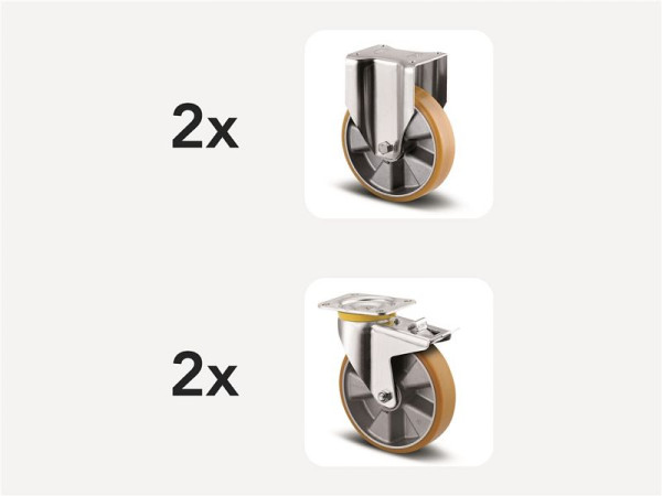 Kongamek Rollenset, Alu/Polyurethan 200mm 2 feste 2 Bremsen, Zubehör Kippbehälter, 6000-2-TC