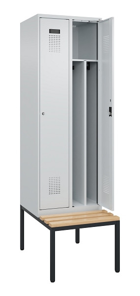 C+P Spind Evolo PLUS, 2 Abteile, 2120x600x815mm, 7035/7035, Zylinderschloss, Sitzfläche Buche-Hartholz, Sitzbank, 0490507-20F S10040