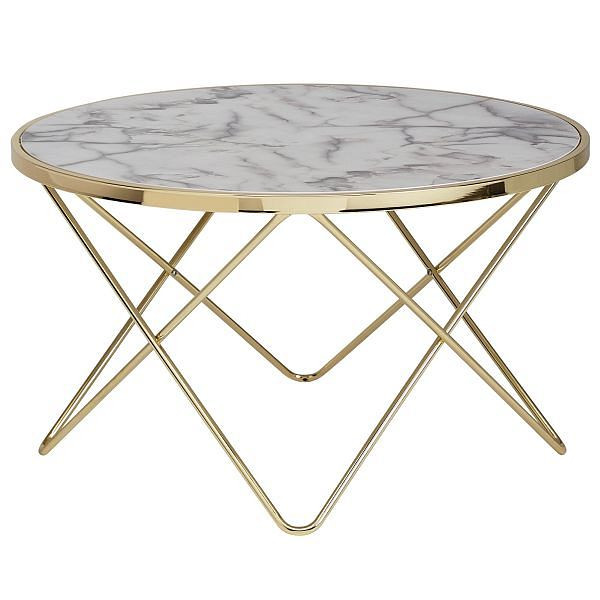 Wohnling Design Couchtisch Marmor Optik Weiß Rund Ø 85 cm Gold Metall-Gestell, WL5.998