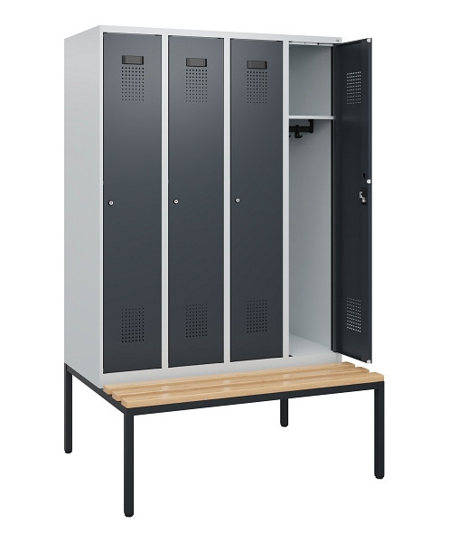 C+P Spind Evolo PLUS, 4 Abteile, 1950x1200x815mm, 7035/7016, Zylinderschloss, Sitzfläche Buche-Hartholz, Sitzbank, 0490505-40 S10039