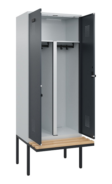 C+P PSA Doppel-Spind Evolo PLUS, Bank, 2 Abteile, 2120x800x815mm, 7035/7016, Drehriegel, Sitzfläche Holz, 0490427-22P S10012