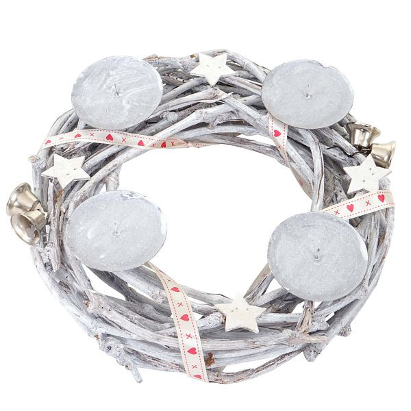 Mendler Adventskranz rund, Weihnachtsdeko Tischkranz, Holz Ø 30cm weiß-grau, ohne Kerzen, 51908