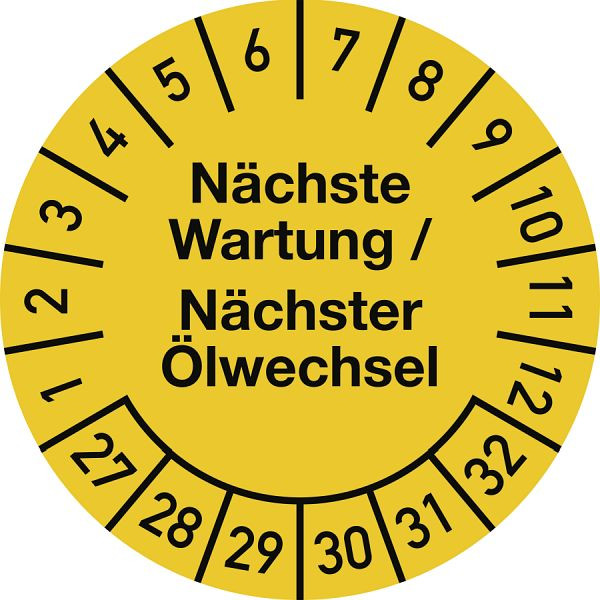 Moedel Prüfplakette Nächste Wartung/Nächster Ölwechsel 2027-2032, Dokumentenfolie, Ø30mm, VE: 10 Stück/Bogen, 108210