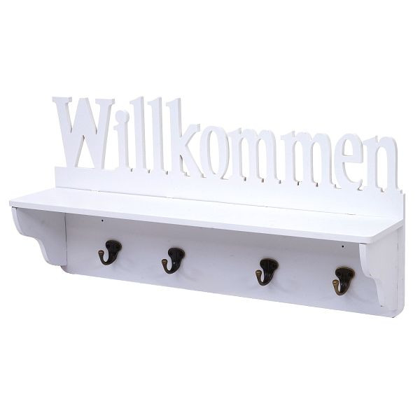 Mendler Wandgarderobe HWC-D41 Willkommen, Garderobe Regal, 4 Haken massiv 30x60x13cm, weiß, 62800
