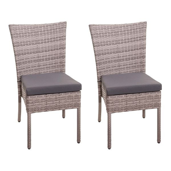 Mendler 2er-Set Poly-Rattan Stuhl HWC-G19, Balkonstuhl Gartenstuhl, stapelbar, grau-braun, Kissen dunkelgrau, 76331