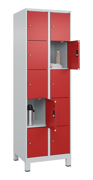 C+P Schließfachschrank Evolo PLUS, mit Füßen, 10 Fächer, 1950x600x500mm, 7035/3, Frontfarbe RAL 3000 feuerrot, 049010-205 S10003