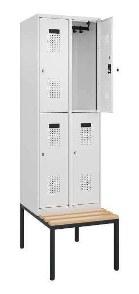 C+P Doppelstock-Spind Evolo PLUS, Bank, 4 Fächer, 2120x600x815mm, 9016/9016, Zylinderschloss, Sitzfläche Buche-Hartholz, Sitzbank, 0493507-20 S10047