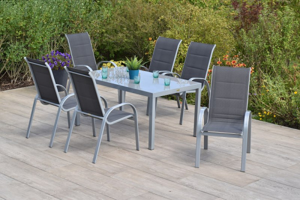 Merxx Amalfi di Lusso Set 7 -teilig, anthrazit, 6 Amalfi di Lusso Stapelsessel, hohe Lehne,gepolstert, 1 Tisch 150 x 90 cm, Silber/anthrazit, 50874-307