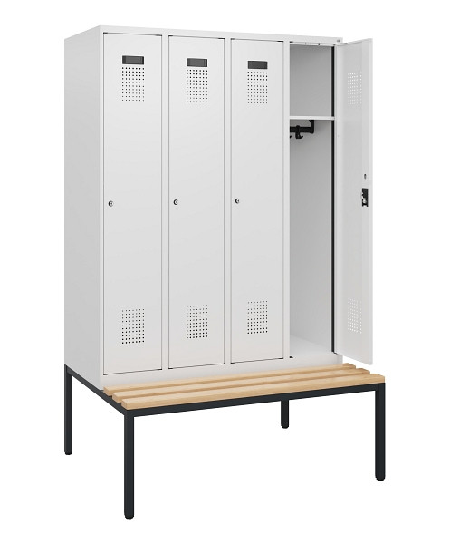 C+P Spind Evolo PLUS, 4 Abteile, 1950x1200x815mm, 9016/9016, Zylinderschloss, Sitzfläche Buche-Hartholz, Sitzbank, 0490505-40 S10047
