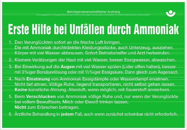 Schilder Klar Aushang Erste Hilfe bei Unfällen durch Ammoniak, 430x300x0.6 mm Aluminium geprägt, 984/00