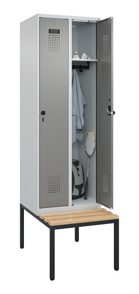 C+P Spind Evolo PLUS, 2 Abteil, 2120x600x815mm, 7035/0004, Drehriegel, Sitzfläche Buche-Hartholz, Sitzbank, 0490507-20 S10014