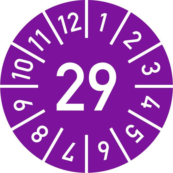 Moedel Prüfplakette Jahr 29 mit Monaten, violett, Folie-Spezialkleber, Ø 25 mm, VE: 10 Stück/Bogen, 108357