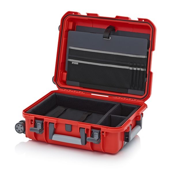 Auer Schutzkoffer Pro Trolley, Blutorange, ohne Schloss, Laptopeinsatz 15" mit Deckeltafel Band grau, CP 5422 B2-2002