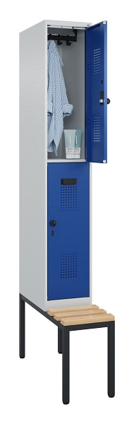 C+P Doppelstock-Spind Evolo PLUS, Bank, 2 Fächer, 2120x300x815mm, 7035/5010, Drehriegel, Sitzfläche Buche-Hartholz, Sitzbank, 0493507-10 S10006