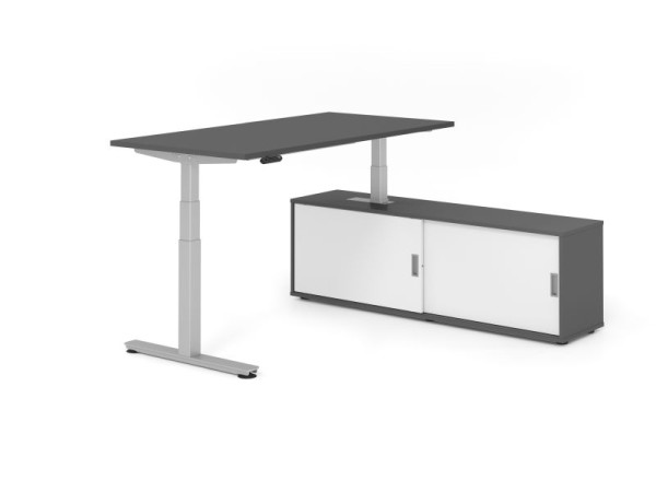 Hammerbacher Schreibtisch XDSM16, 160x80cm, Platte: Graphit, T-Fuß Gestell Silber, Höhe: 63 - 127 cm, Graphit / Weiß, VXDSM16SB/G/S/G/W