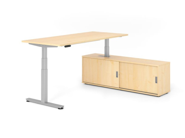 Hammerbacher Schreibtisch XDSM19, 180x80cm, Platte: Ahorn, T-Fuß Gestell Silber, Höhe: 63 - 127 cm, Ahorn, VXDSM19SB/3/S/3/3