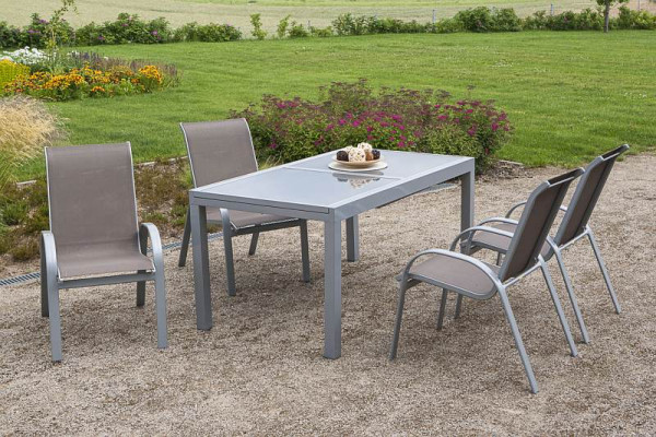 Merxx Amalfi Set 5-teilig, 4 Amalfi Stapelsessel, 1 Ausziehtisch 160 (220) x 90 cm, graue Glasplatte, silber/taupe, 50336-325