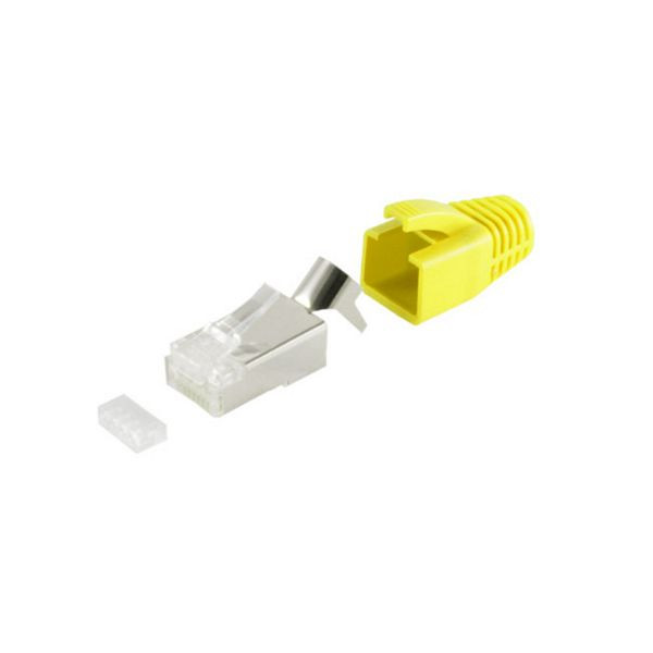 shiverpeaks BASIC-S, Netzwerk Modular Stecker RJ45 SET für Verlegekabel bis AWG 23, Zugentlastung, Einführhilfe, Tülle, gelb, VE: 10 Stück, BS72067-10Y