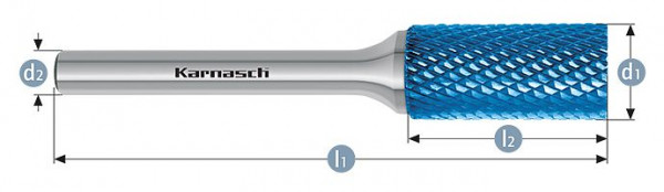 Karnasch Hartmetall-Frässtift Blue-Tec beschichtet ZYA/ HP-4 d1=16 / l2=25 / d2=8 / l1=70mm, VE: 2 Stück, 115002125