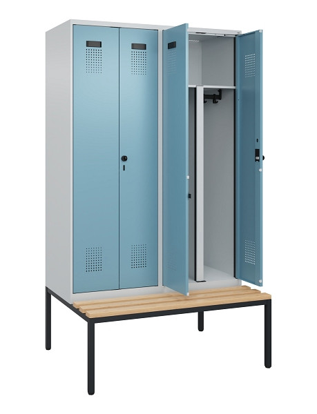 C+P PSA Doppel-Spind Evolo PLUS, Bank, 4 Abteile, 2120x1200x815mm, 7035/0010, Drehriegel, Sitzfläche Buche-Hartholz, Sitzbank, 0490527-40P S10009