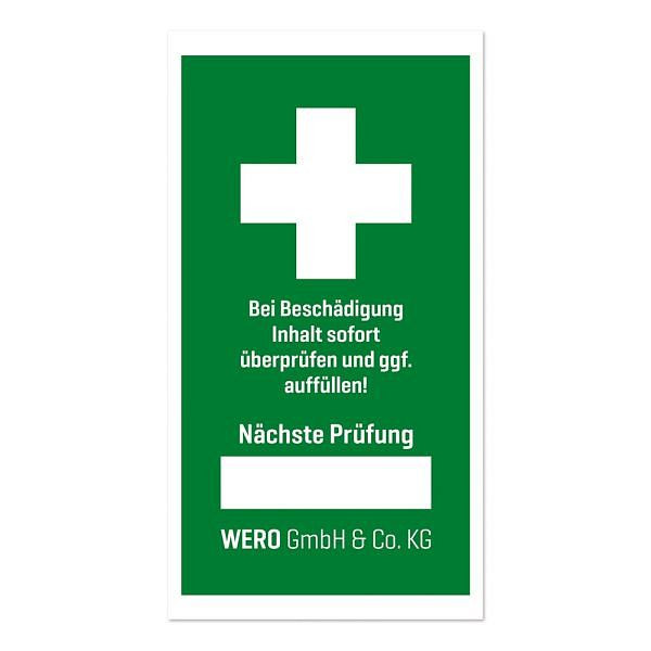 WERO Prüfplakette: Prüfsiegel für Erste-Hilfe-Einrichtung, 37 x 18 mm (normal), VE: 10 Stück je Bogen, 290098
