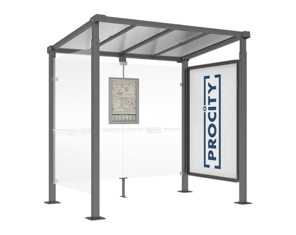 Procity Wartehalle Milano - 1 Schaukasten 2000 + 1 Seitenverkleidung, Farbe Procity grau, Maße: Breite 2500 x Höhe 2545 x Tiefe 1824 mm, 529246.GPRO