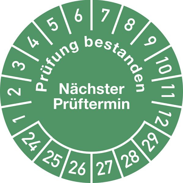 Moedel Prüfplakette Prüfung bestanden...2024 - 2029, Folie, Ø 30 mm, VE: 10 Stück/Bogen, 104942