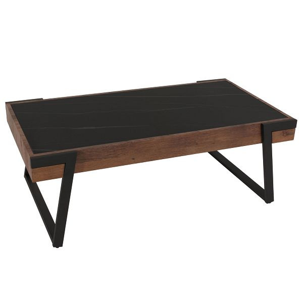 Mendler Couchtisch HWC-L89, Sofatisch Wohnzimmertisch, Eisen 43x120x64cm Sinterstein Marmor-Optik schwarz Holz dunkelbraun, 102701