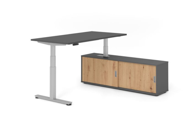 Hammerbacher Schreibtisch XDSM16, 160x80cm, Platte: Graphit, T-Fuß Gestell Silber, Höhe: 63 - 127 cm, Graphit / Asteiche, VXDSM16SB/G/S/G/R