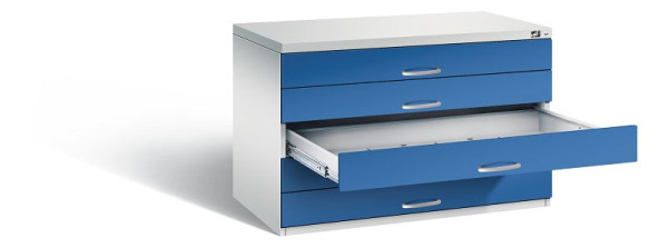 C+P Flachablageschrank Serie 7100_7200, H760xB1100xT765mm, Farbe: Lichtgrau / Enzianblau, Bügelgriff, 7101-100 S10185