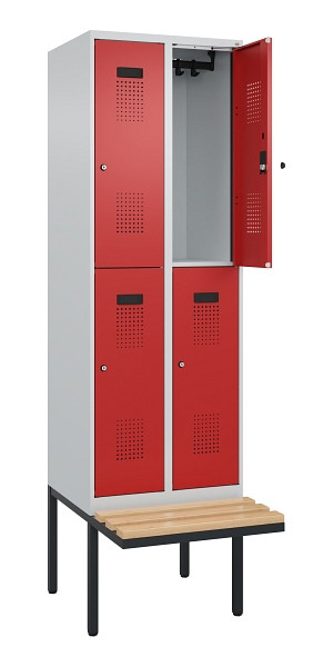 C+P Doppelstock-Spind Evolo PLUS, Bank, 4 Fächer, 2120x600x815mm, 7035/3000, Zylinderschloss, Sitzfläche Buche-Hartholz, 0493407-20 S10030