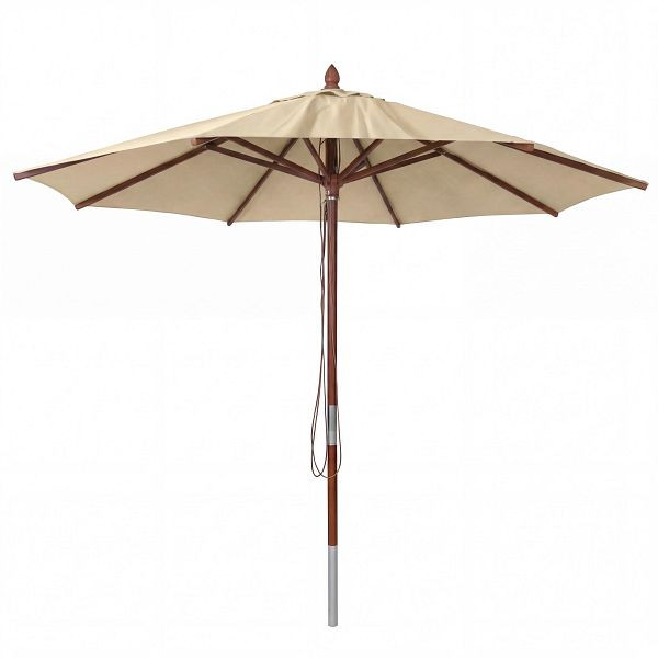 Mendler Gastronomie Holz-Sonnenschirm HWC-C57b, Gartenschirm, Polyester/Holz 14kg, rund Ø3m Seilzug stoßsicher, creme, 120489