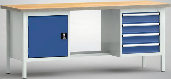 KLW Standard-Werkbank, 2000 x 700 x 840 mm, Buchen-Multiplexplatte, L:Türe 500 mm, M:Stahlblechablage, R: 125EA/125EA/125EA/125EA, WS202N-2000M40-E7046