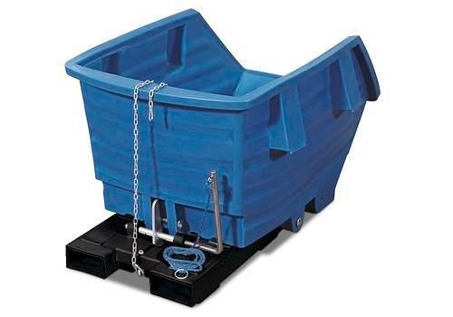 DENIOS Kippwagen aus Polyethylen (PE), mit Gabeltaschen, 300 Liter Volumen, blau, 148-377