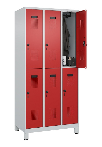 C+P Doppelstöckiger Spind Evolo PLUS, mit Füßen, 6 Fächer, 1950x900x500mm, 7035, Frontfarbe RAL 3000 feuerrot, Drehriegel, 049310-30 S10003