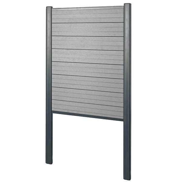 Mendler WPC-Sichtschutz Sarthe, Zaun Windschutz, Alu-Pfosten zum Einbetonieren, Basiselement schmal, 100cm grau, 2x64888+76237+76240+76264