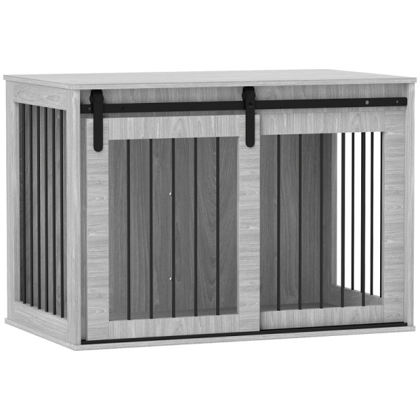 PawHut Hundebox Hundekäfig, Verriegelbar, Holzoptik, rustikales Design, 98 x 58 x 67 cm, Grau + Schwarz, D02-169V02GY