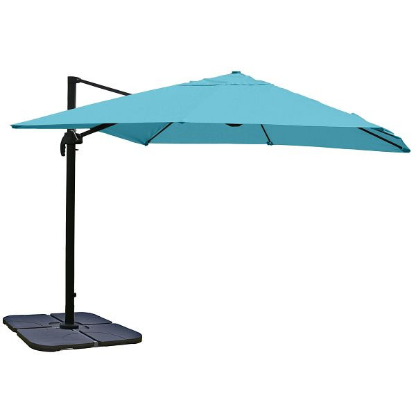 Mendler Gastronomie-Ampelschirm HWC-A96, Sonnenschirm 3x3m (Ø4,24m) Polyester Alu/Stahl 23kg, türkis mit Ständer, drehbar, 153408+76853+70477+122472